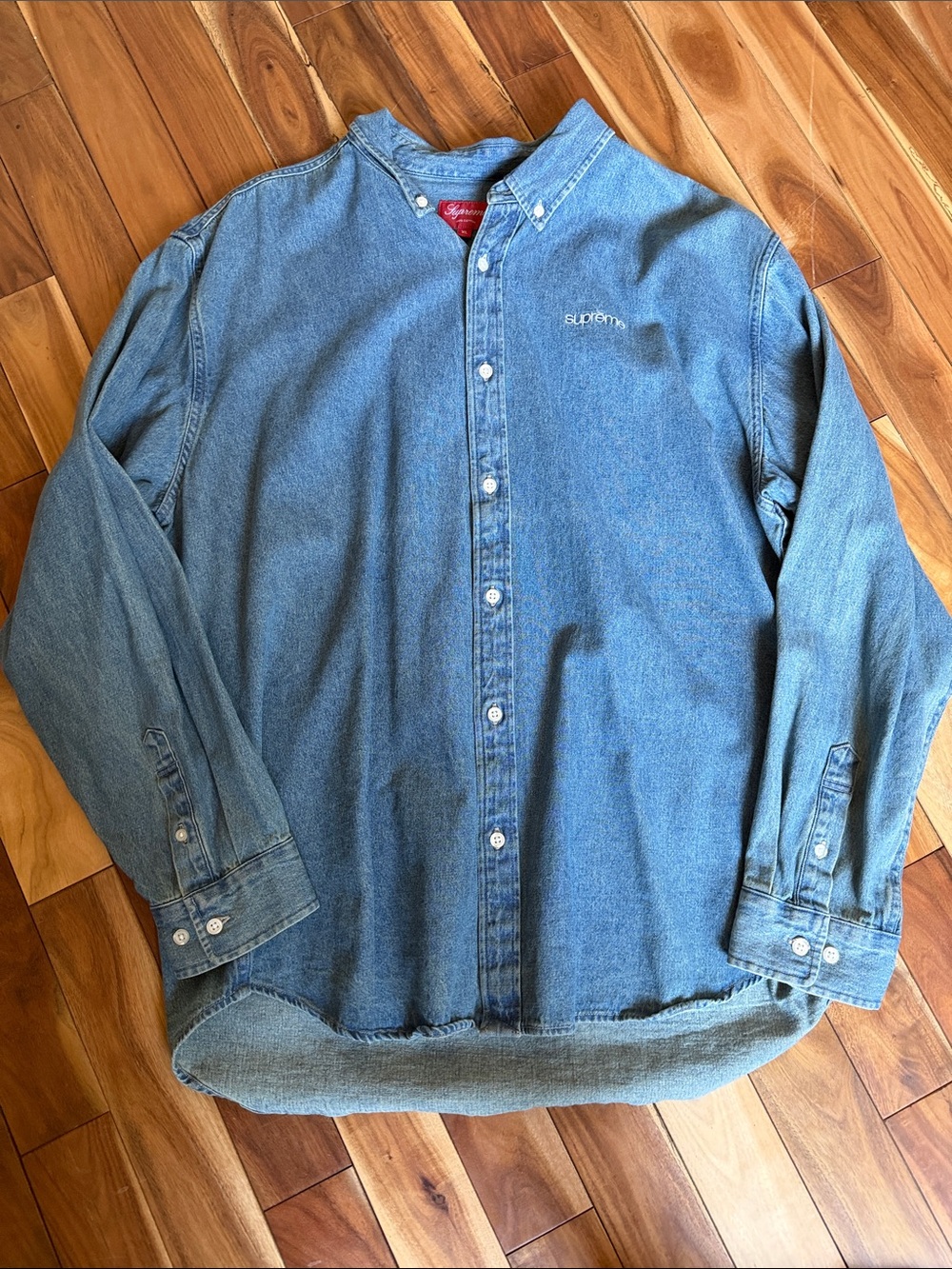 Supreme Light Blue Denim Button-Down Shirt with Chest Logo
